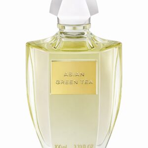 A clear glass perfume bottle with a golden label and white cap.