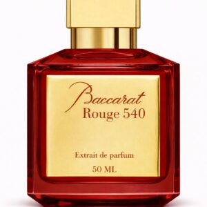 Luxurious Baccarat Rouge 540 perfume bottle with gold accents.