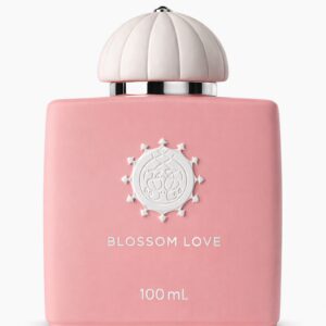 Pink Blossom Love perfume bottle with a floral cap and white emblem.