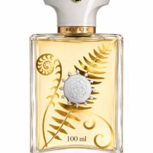 Elegant perfume bottle with golden fern design and white cap.