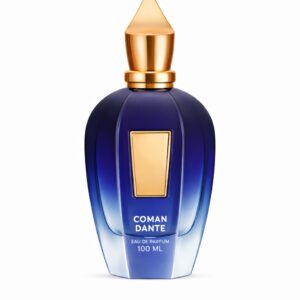 Elegant blue and gold perfume bottle with a gradient design.