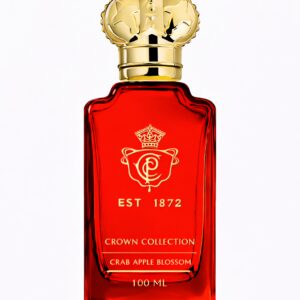 Elegant red perfume bottle with golden crown cap and crest logo.