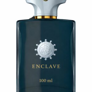 A sleek black perfume bottle labeled 'Enclave' with a silver emblem and gold accents.