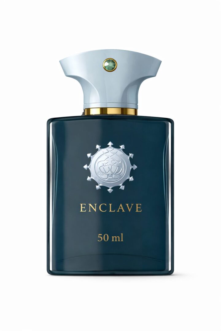 Elegant dark bottle of Enclave perfume with silver emblem and gold accents.