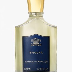 A bottle of Erolfa cologne with a blue label and gold cap.
