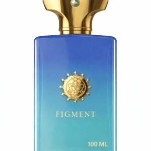 Elegant blue perfume bottle with golden cap and emblem.