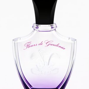 Elegant purple-tinted perfume bottle labeled 'Fleurs de Gendarme'.