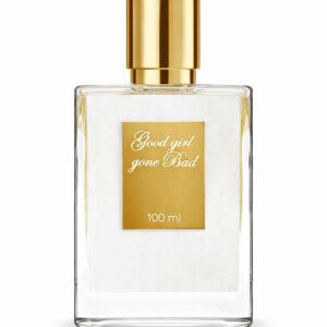 Elegant perfume bottle with gold accents and a simple label.