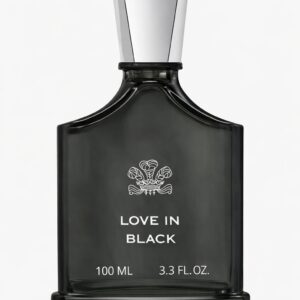 A sleek black bottle of Love In Black perfume with white text.