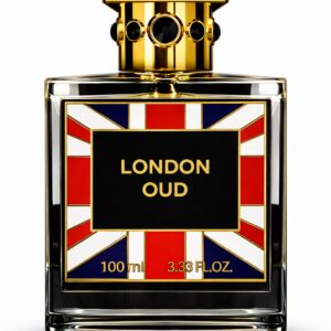 A bottle of London Oud perfume with a Union Jack design.