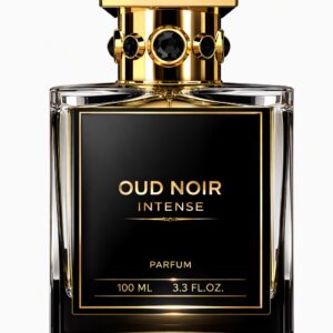 Elegant black bottle of Oud Noir Intense perfume with gold accents.
