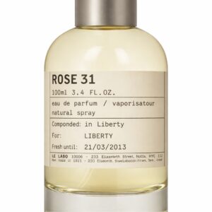 A clear perfume bottle labeled Rose 31 by Le Labo.