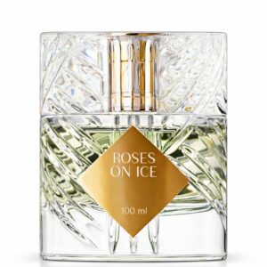 Elegant clear perfume bottle labeled 'Roses on Ice'.