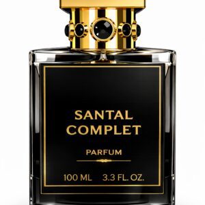 Elegant black and gold perfume bottle labeled Santal Complet.