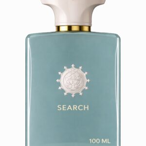 Elegant blue perfume bottle labeled 'SEARCH' with gold accents.
