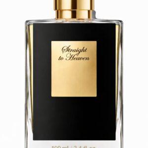Elegant black perfume bottle with gold label and cap.