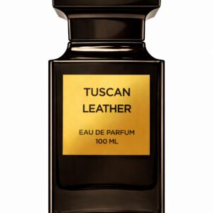 Elegant Tuscan Leather perfume bottle with gold label.