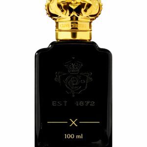 Elegant black perfume bottle with a gold crown cap.